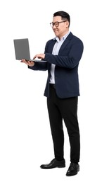 Photo of Businessman in suit with laptop on white background