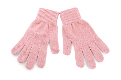 Photo of Pink woolen gloves on white background, top view. Winter clothes