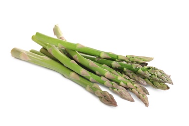 Photo of Fresh green asparagus stems on white background