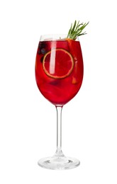 Photo of Glass of delicious Red Sangria cocktail isolated on white