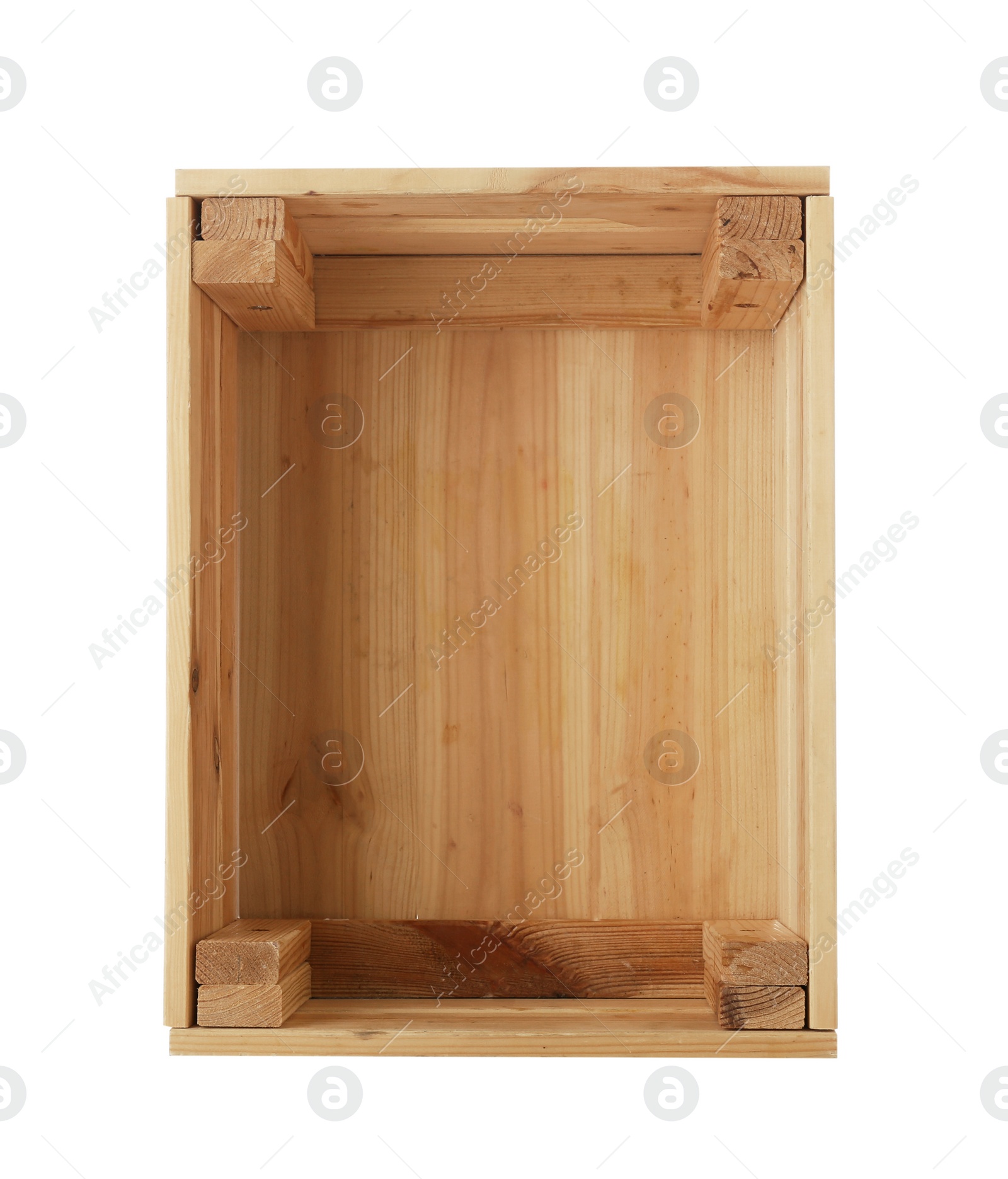 Photo of Empty wooden crate on white background, top view