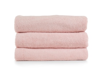 Photo of Stack of clean soft towels on white background