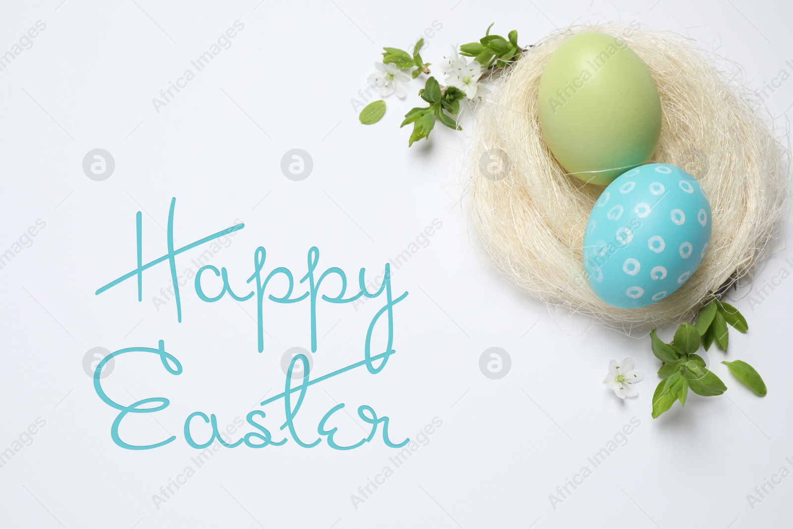 Image of Flat lay composition with text Happy Easter and eggs on white background