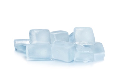 Photo of Ice cubes on white background. Frozen liquid