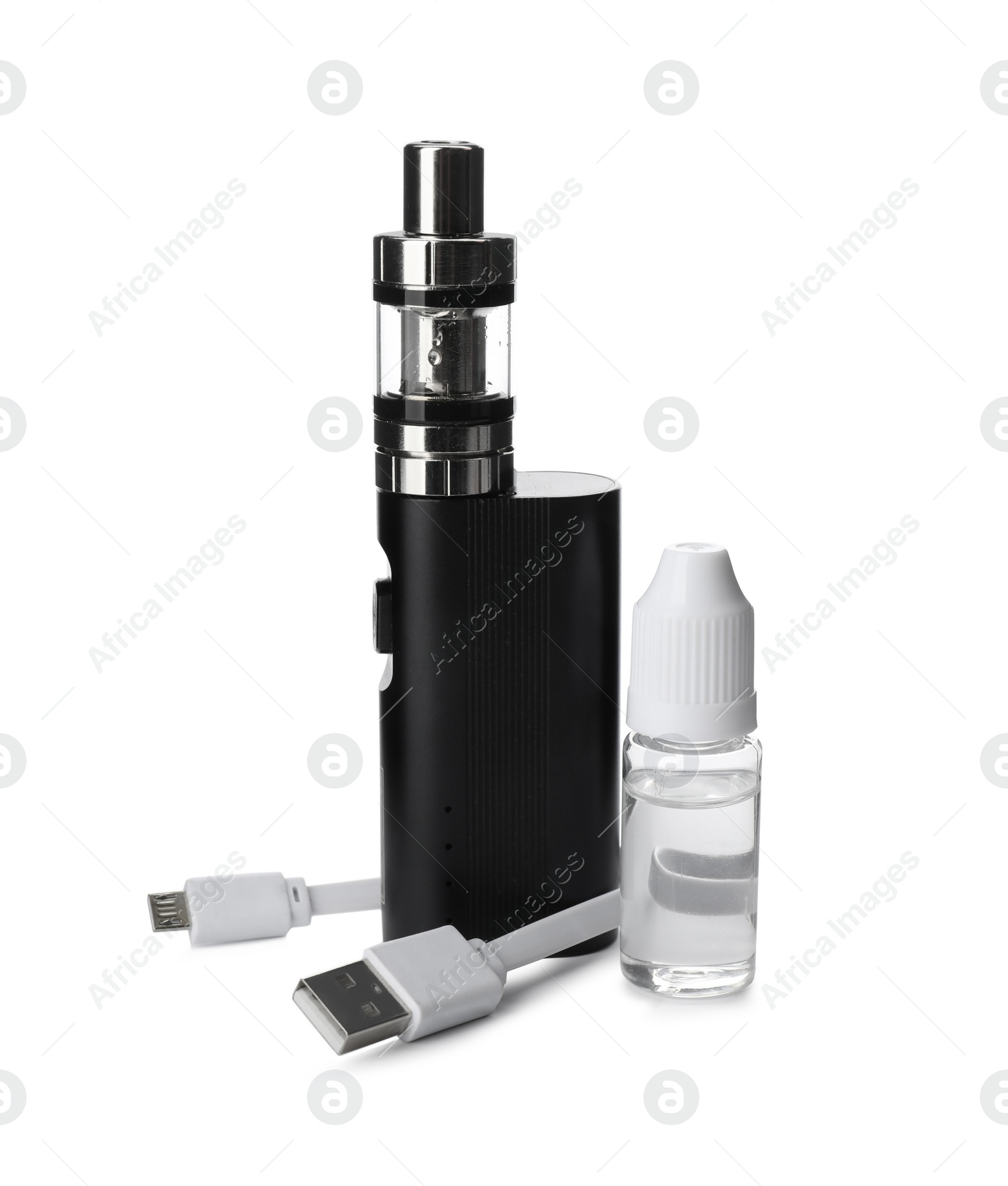Photo of Electronic smoking device, vaping liquid and charging cable on white background