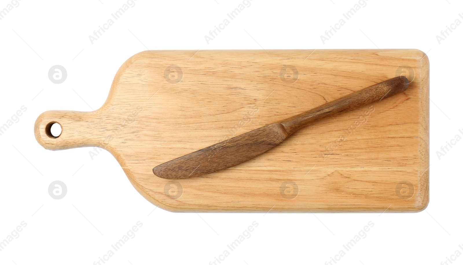 Photo of Wooden butter knife with board on white background, top view