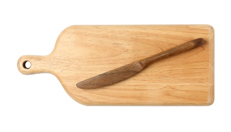 Photo of Wooden butter knife with board on white background, top view