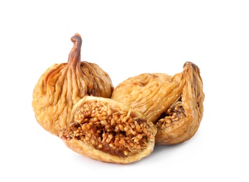Pile of tasty dried figs on white background