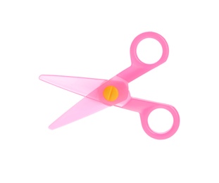 Photo of Colorful plastic scissors on white background. School stationery