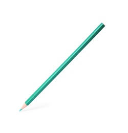 Photo of Turquoise wooden pencil on white background. School stationery