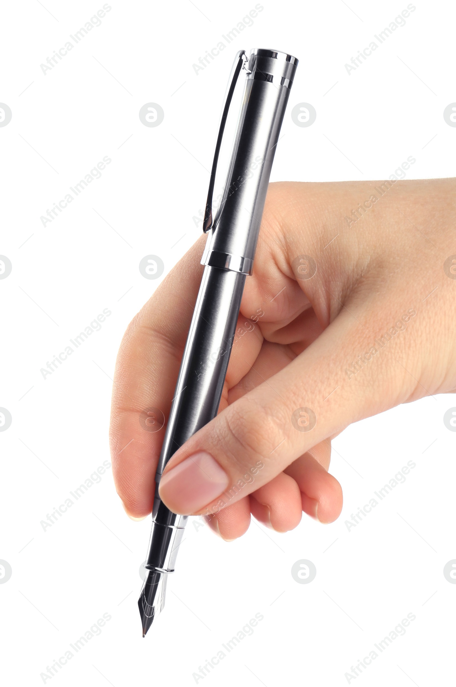 Photo of Woman holding stylish fountain pen on white background, closeup