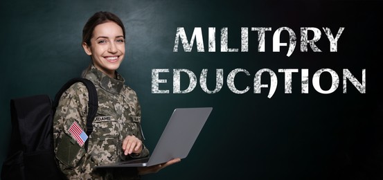 Military education. Cadet with backpack and laptop near green chalkboard