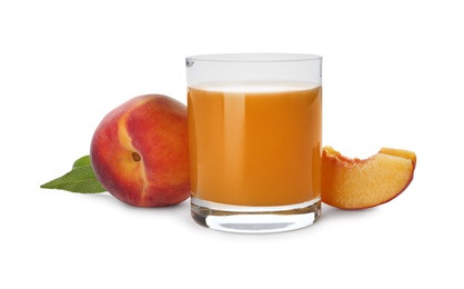 Freshly made tasty peach juice on white background