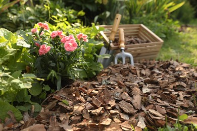 Flowers mulched with bark chips in garden