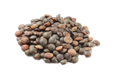 Photo of Pile of raw lentils isolated on white