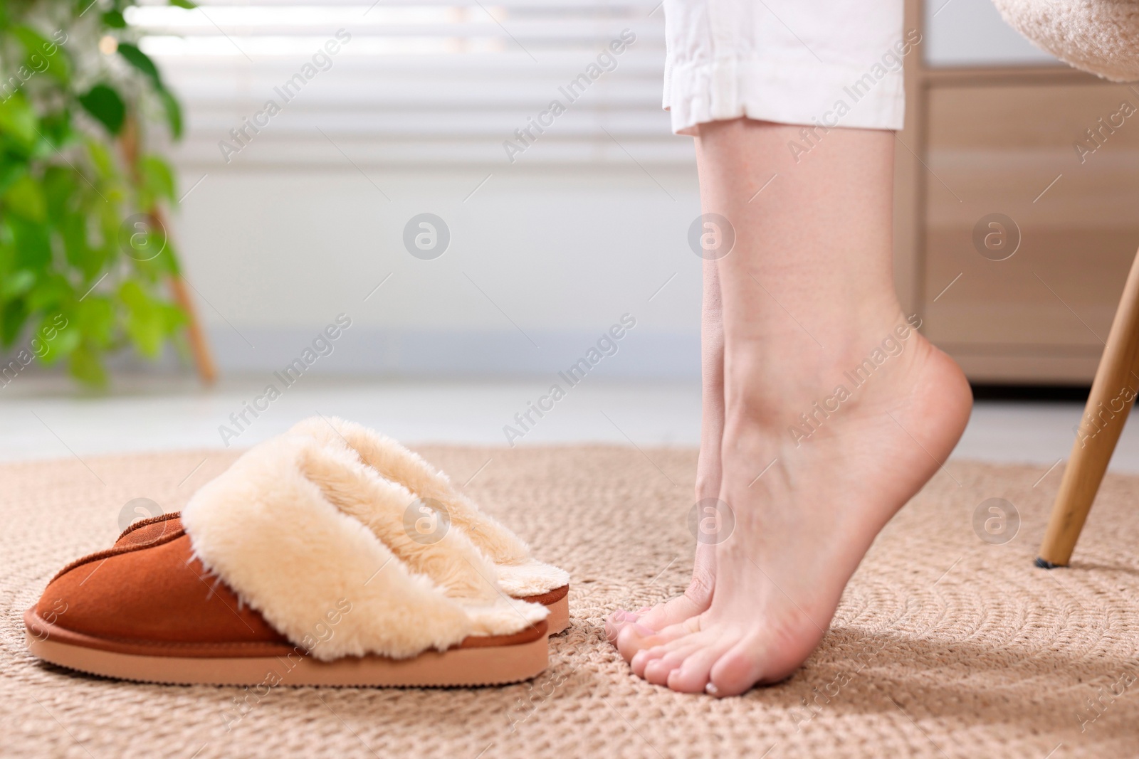 Photo of Woman near soft slippers at home, closeup