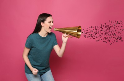 Image of Woman using megaphone on pink background. Letters flying out of device