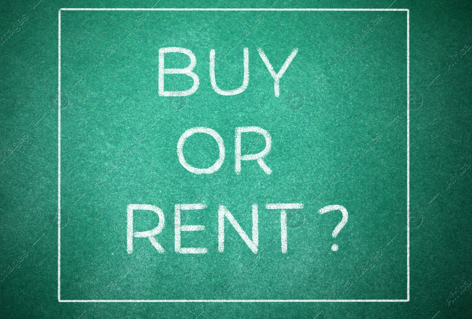 Image of Question BUY OR RENT? on green chalkboard, top view