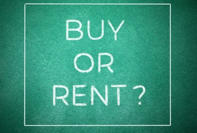 Image of Question BUY OR RENT? on green chalkboard, top view