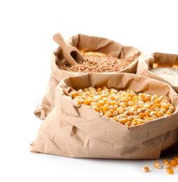 Photo of Paper bags with different types of grains and cereals on white background