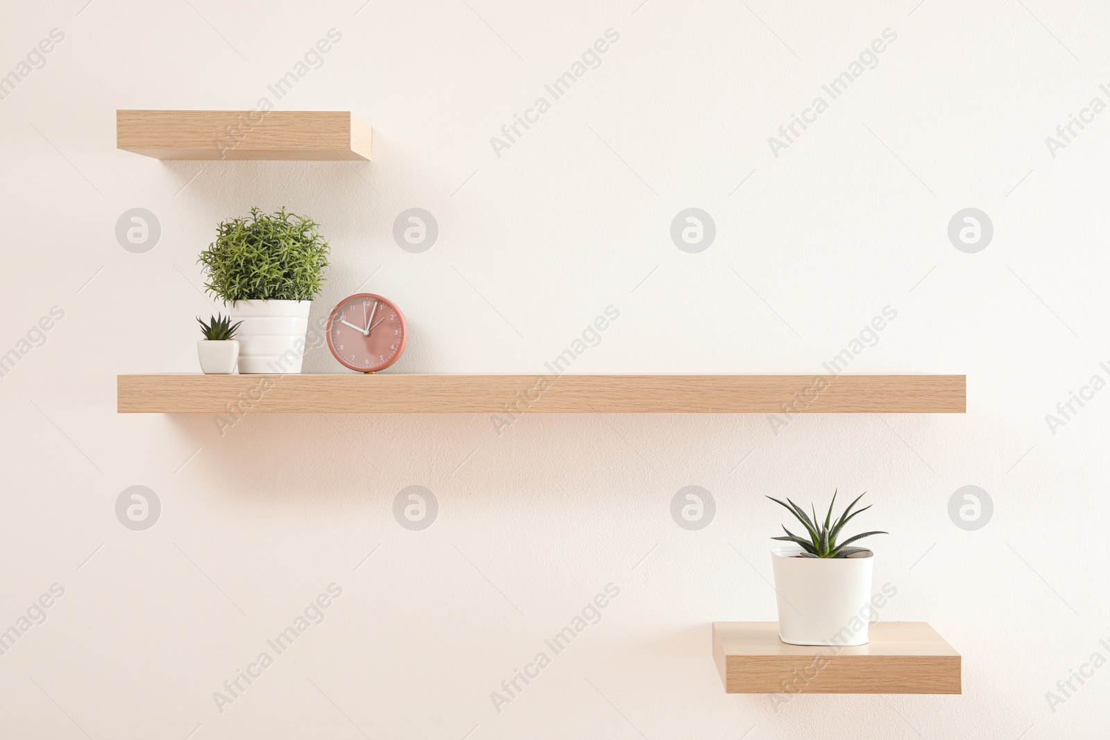 Photo of Wooden shelves with plants and clock on light wall