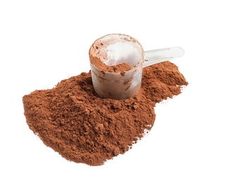 Photo of Pile of chocolate protein powder and scoop isolated on white