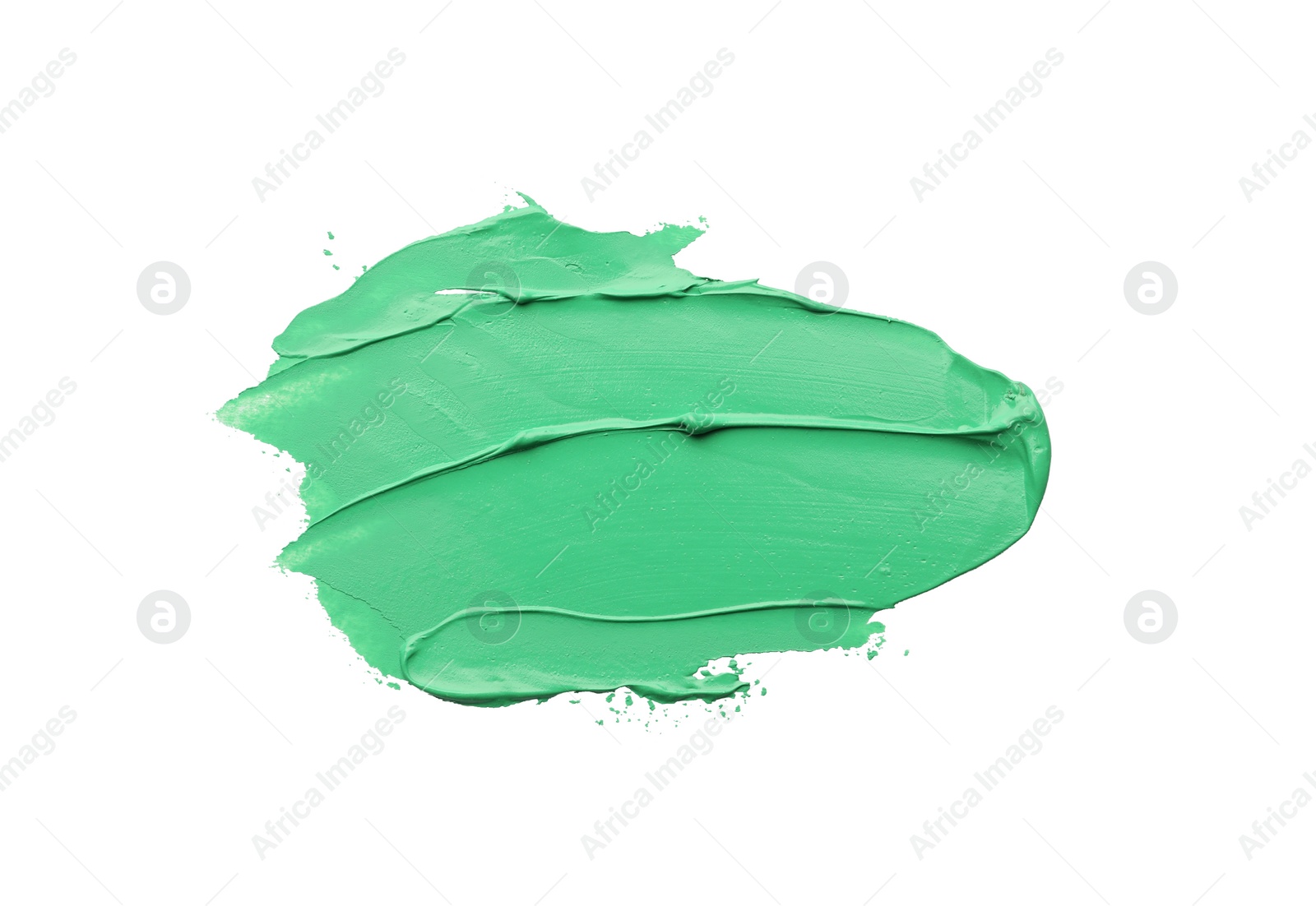 Photo of Green oil paint stroke on white background, top view