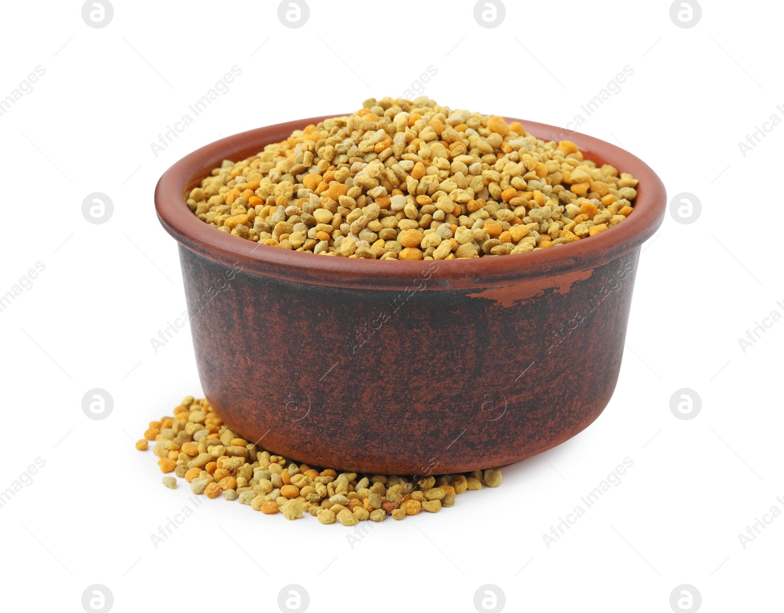 Photo of Fresh bee pollen granules in bowl isolated on white