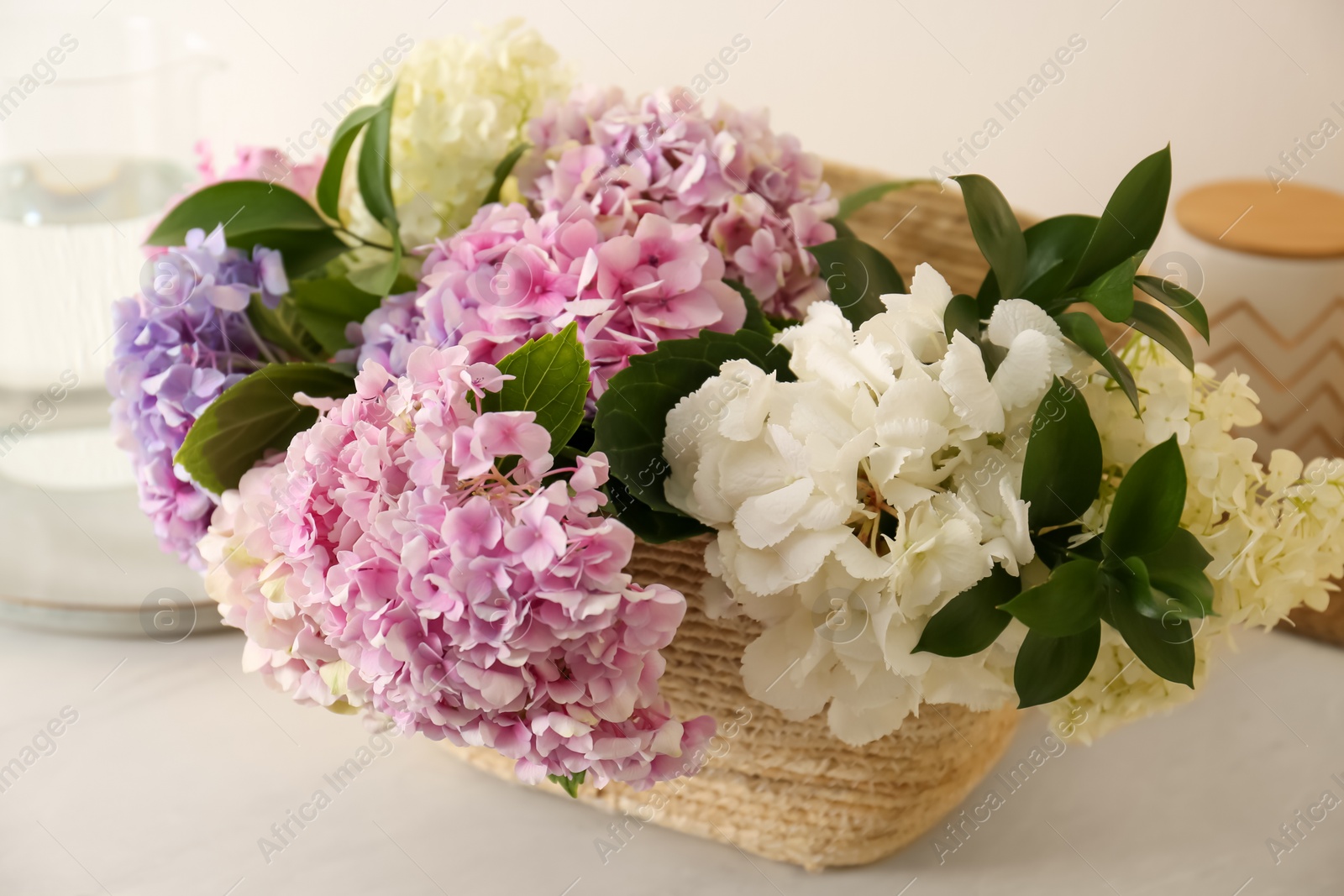 Photo of Beautiful hydrangea flowers in basket on light table, closeup