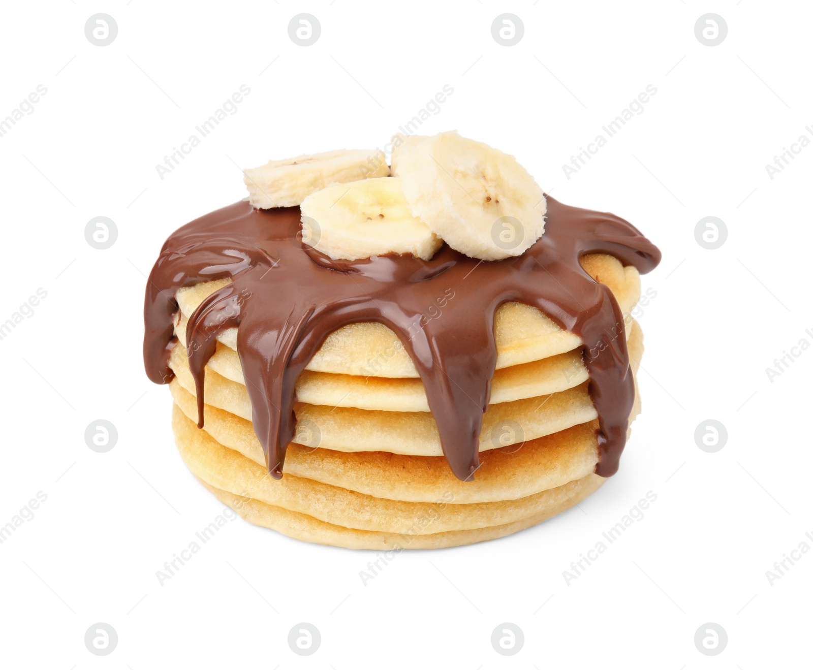 Photo of Stack of tasty pancakes with chocolate spread and banana slices isolated on white