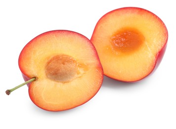 Photo of Cut ripe cherry plum on white background