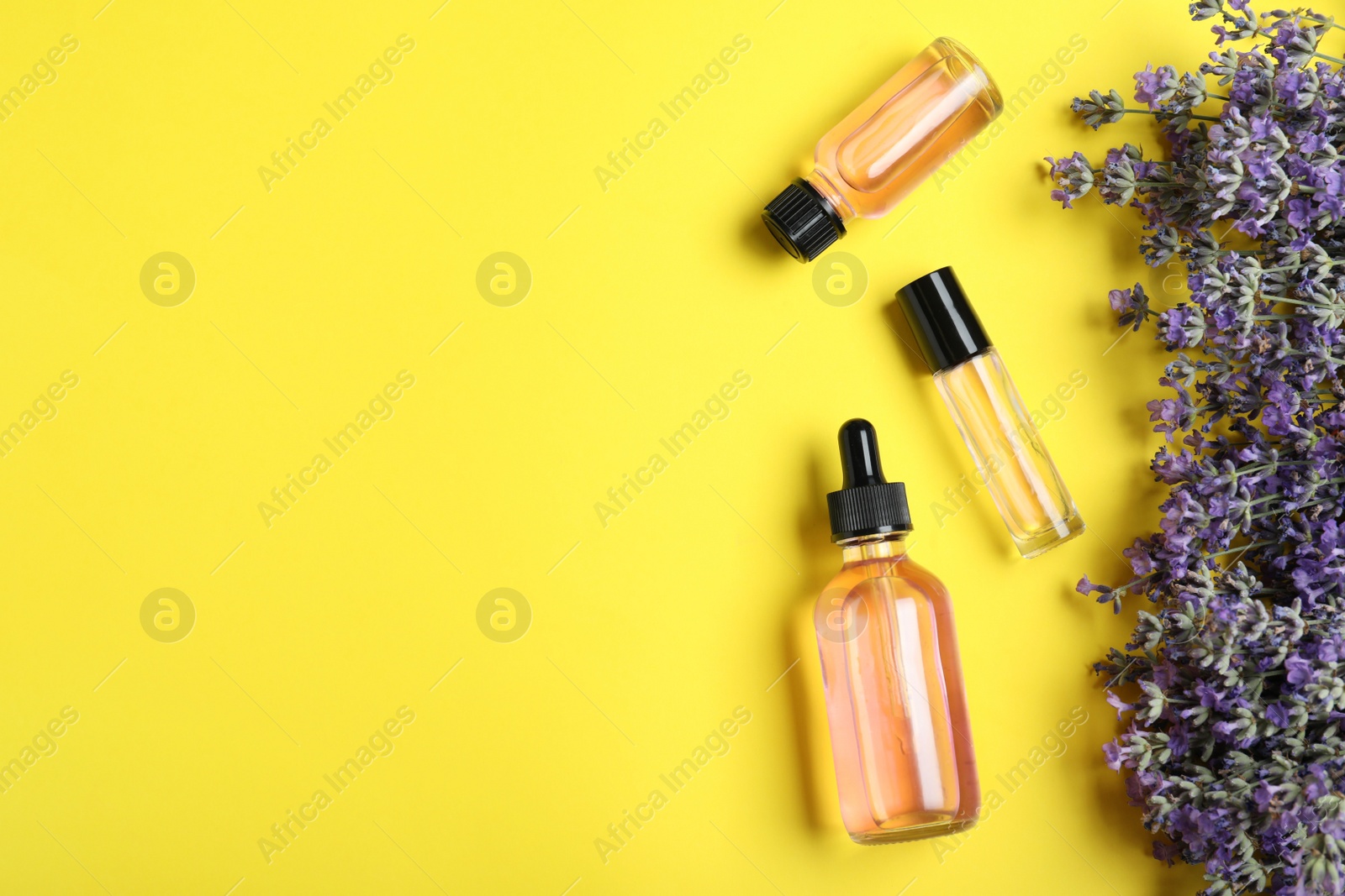 Photo of Bottles of essential oil and lavender flowers on yellow background, flat lay. Space for text