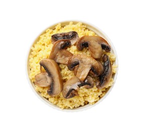 Photo of Tasty millet porridge with mushrooms in bowl isolated on white, top view