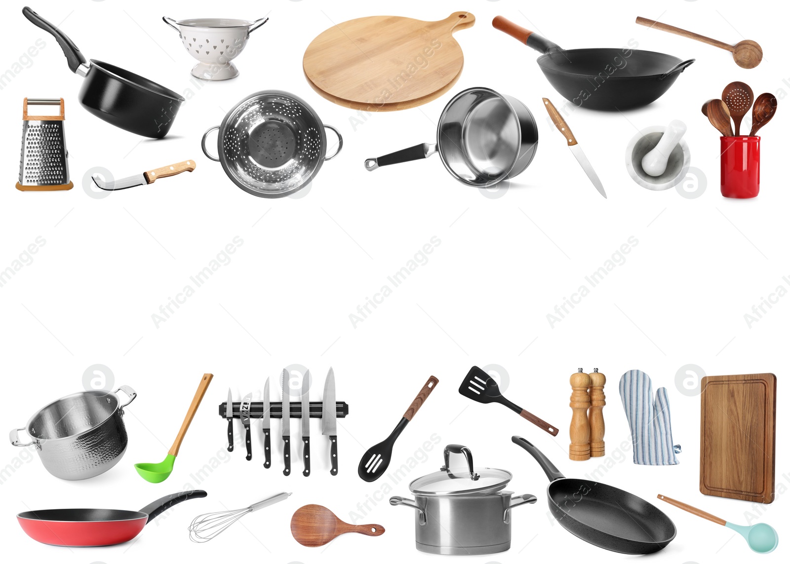 Image of Frame of different kitchenware on white background, space for text