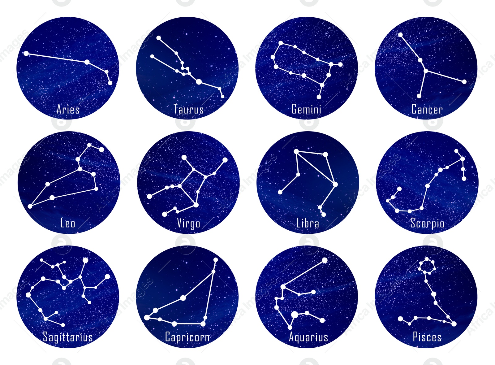 Illustration of Set with zodiac constellations on white background