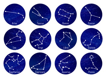 Illustration of Set with zodiac constellations on white background