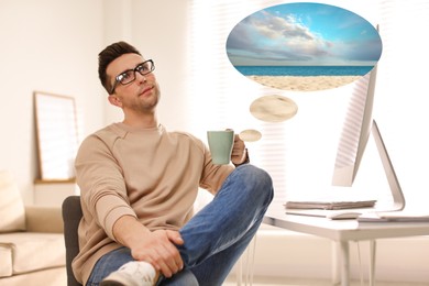 Image of Young man dreaming about vacation at table in office