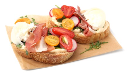 Photo of Delicious sandwiches with burrata cheese, ham, radish and tomatoes isolated on white
