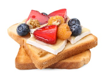 Photo of Tasty sandwich with brie cheese, fresh berries and walnuts isolated on white