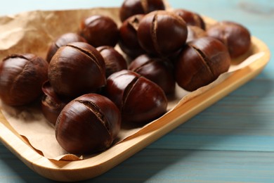 Photo of Fresh edible sweet chestnuts in serving plate on light blue wooden table, closeup