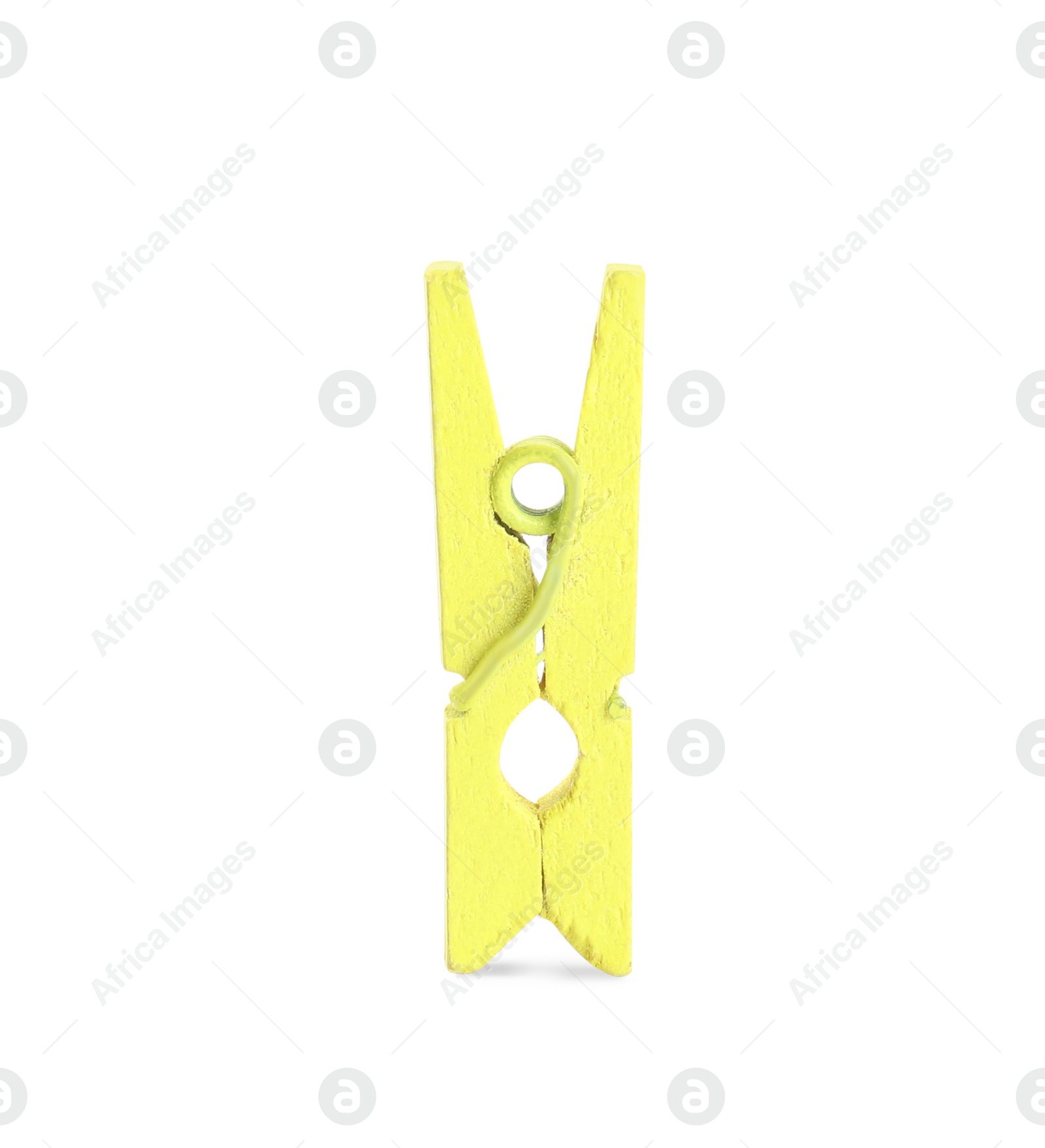 Photo of Bright yellow wooden clothespin isolated on white