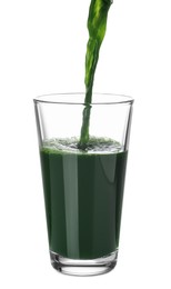 Photo of Pouring fresh juice into glass on white background