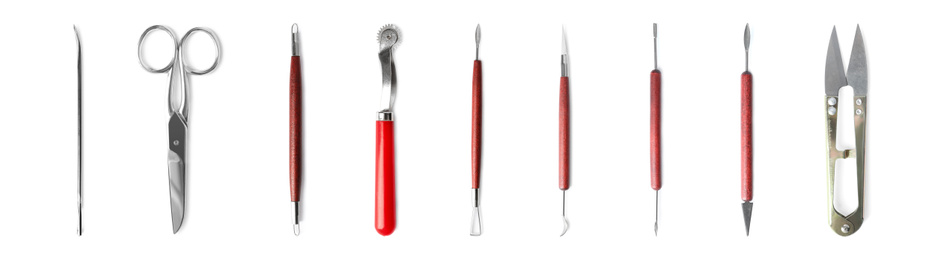 Image of Set with different leather working tools on white background, top view. Banner design