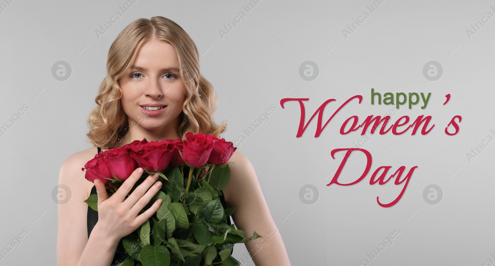 Image of Happy Women's Day, Charming lady holding bouquet of beautiful flowers on grey background