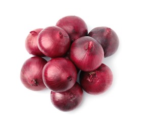 Many fresh red onions on white background, top view