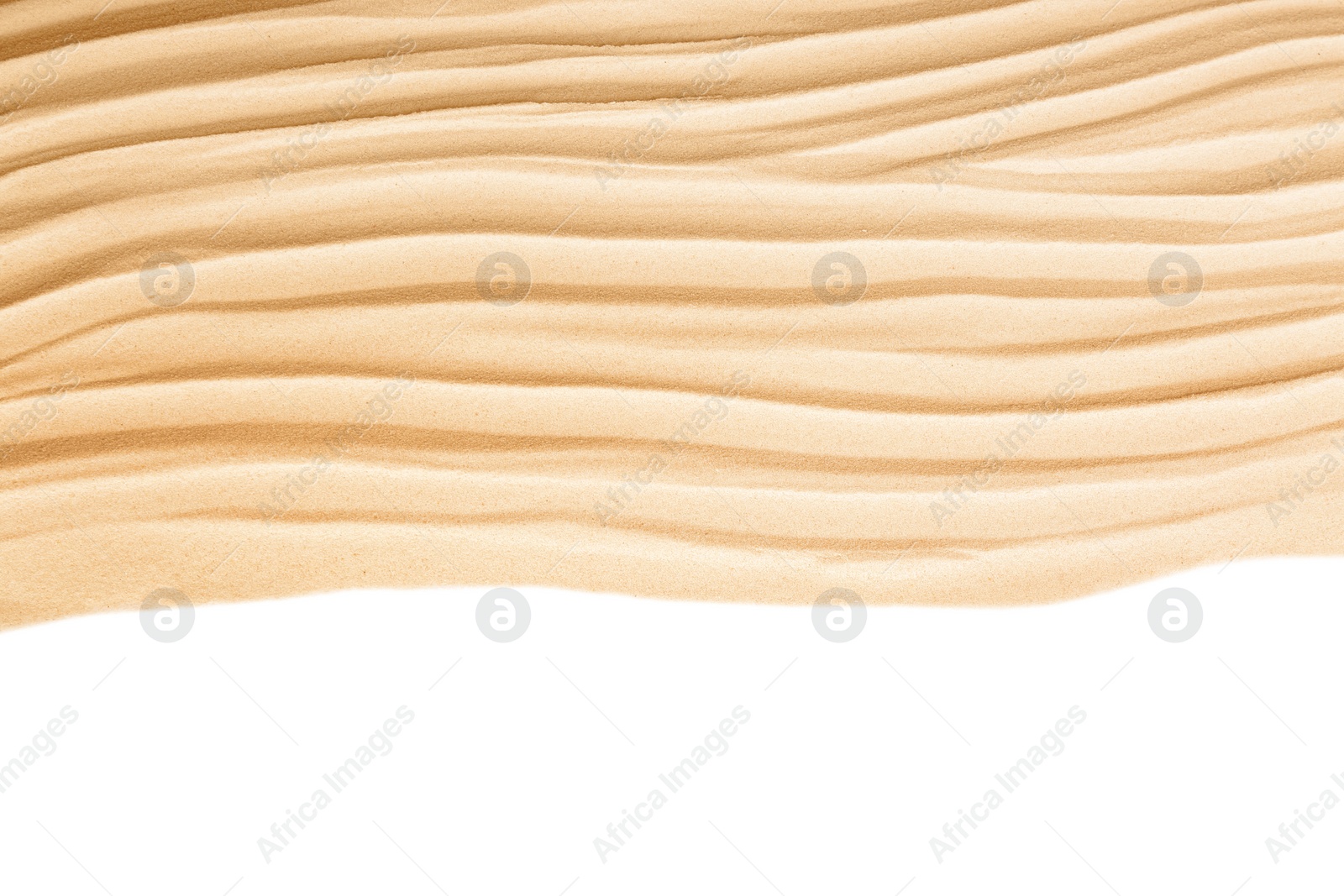 Photo of Dry beach sand on white background, top view