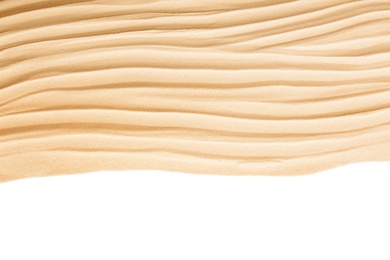 Photo of Dry beach sand on white background, top view