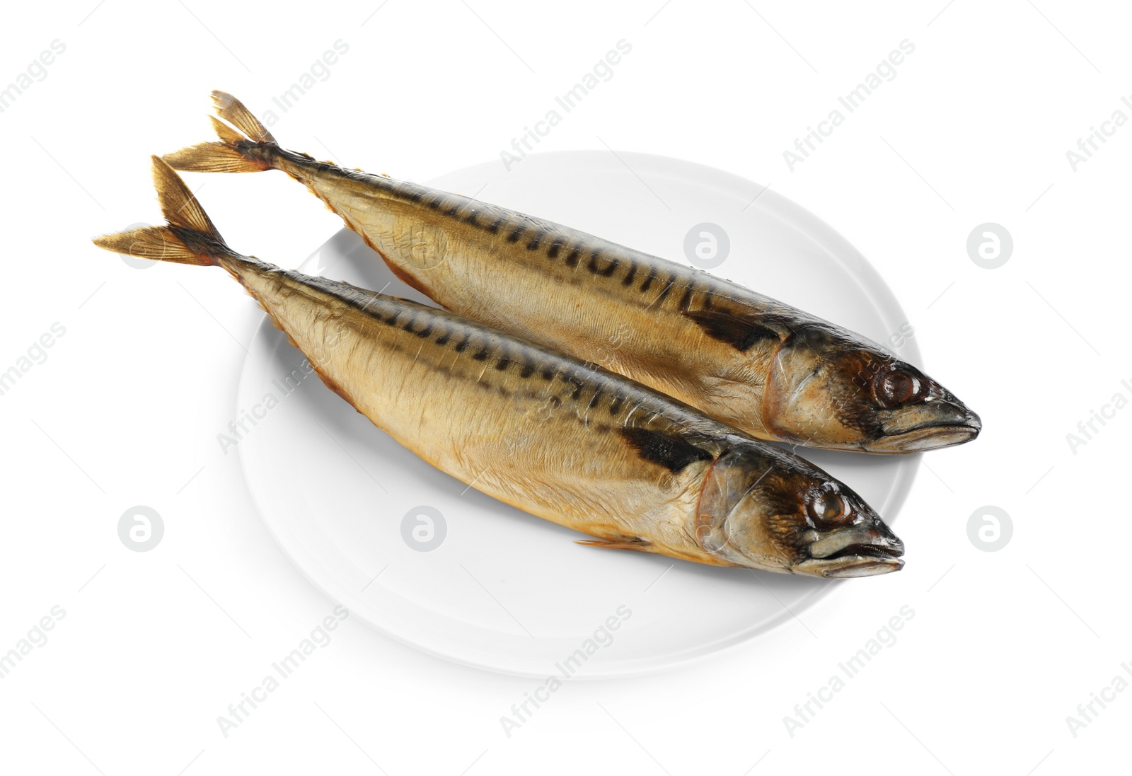 Photo of Plate with tasty smoked fish isolated on white
