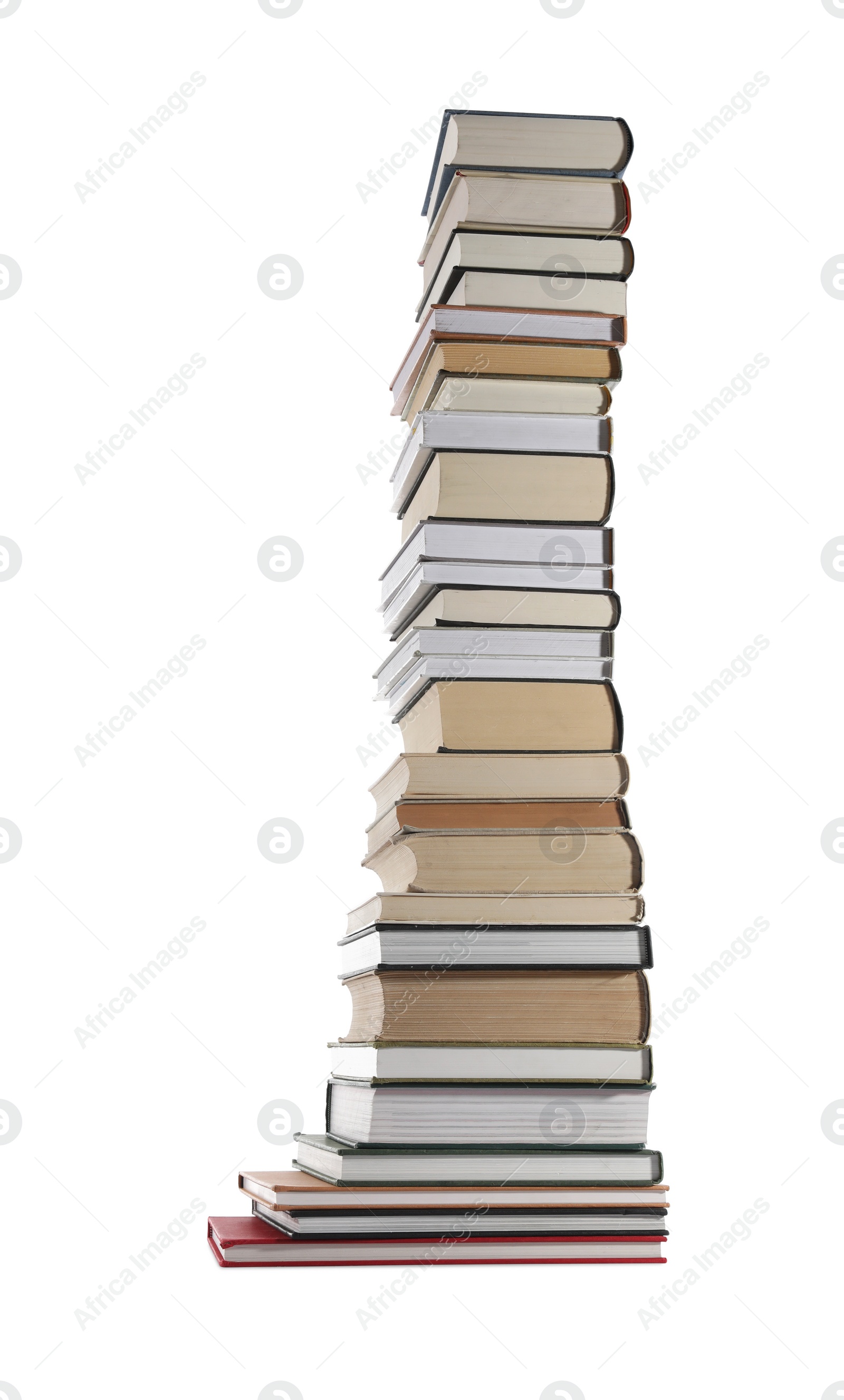 Photo of High stack of many different books isolated on white