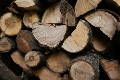 Stacked firewood as background. Heating house in winter